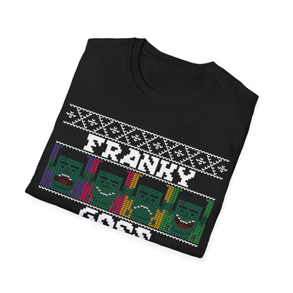 Black t-shirt with colourful graphics and Franky Goes Pop text on a white background