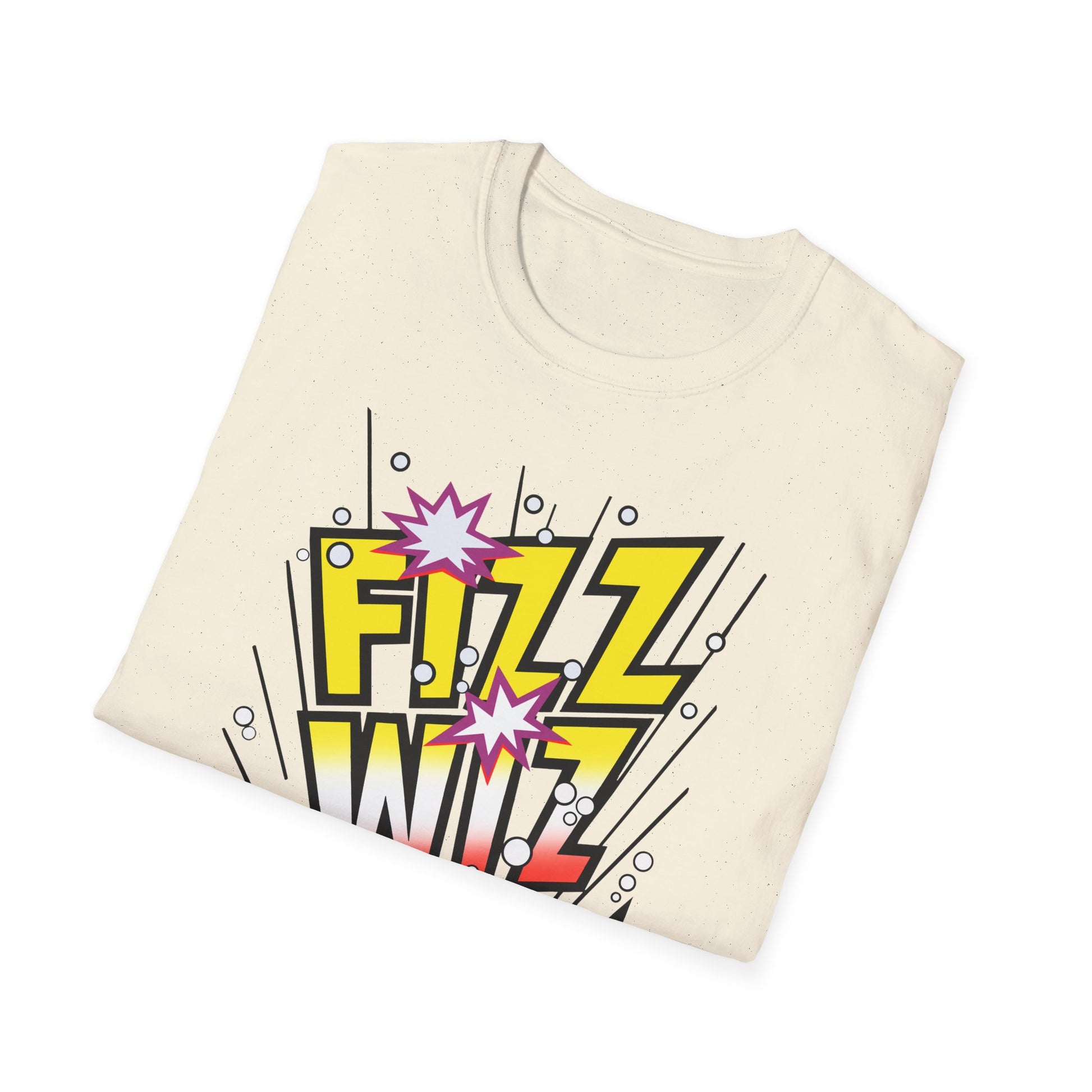 Folded t-shirt with 'Fizz Wiz' graphic design on a white background