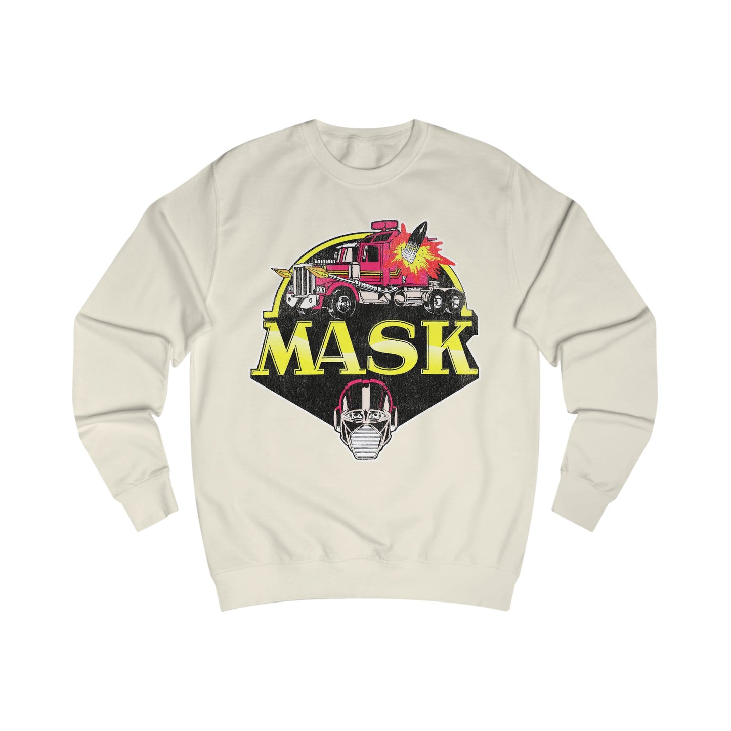 Beige sweatshirt with 'MASK' graphic design featuring a mask and vehicle on a white background