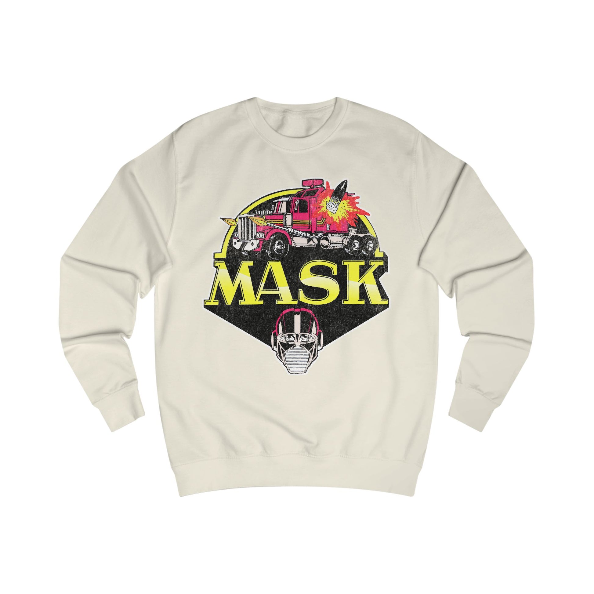 Beige sweatshirt with 'MASK' graphic design featuring a mask and vehicle on a white background