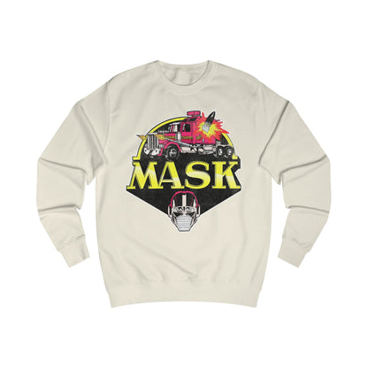 Beige sweatshirt with 'MASK' graphic design featuring a mask and vehicle on a white background