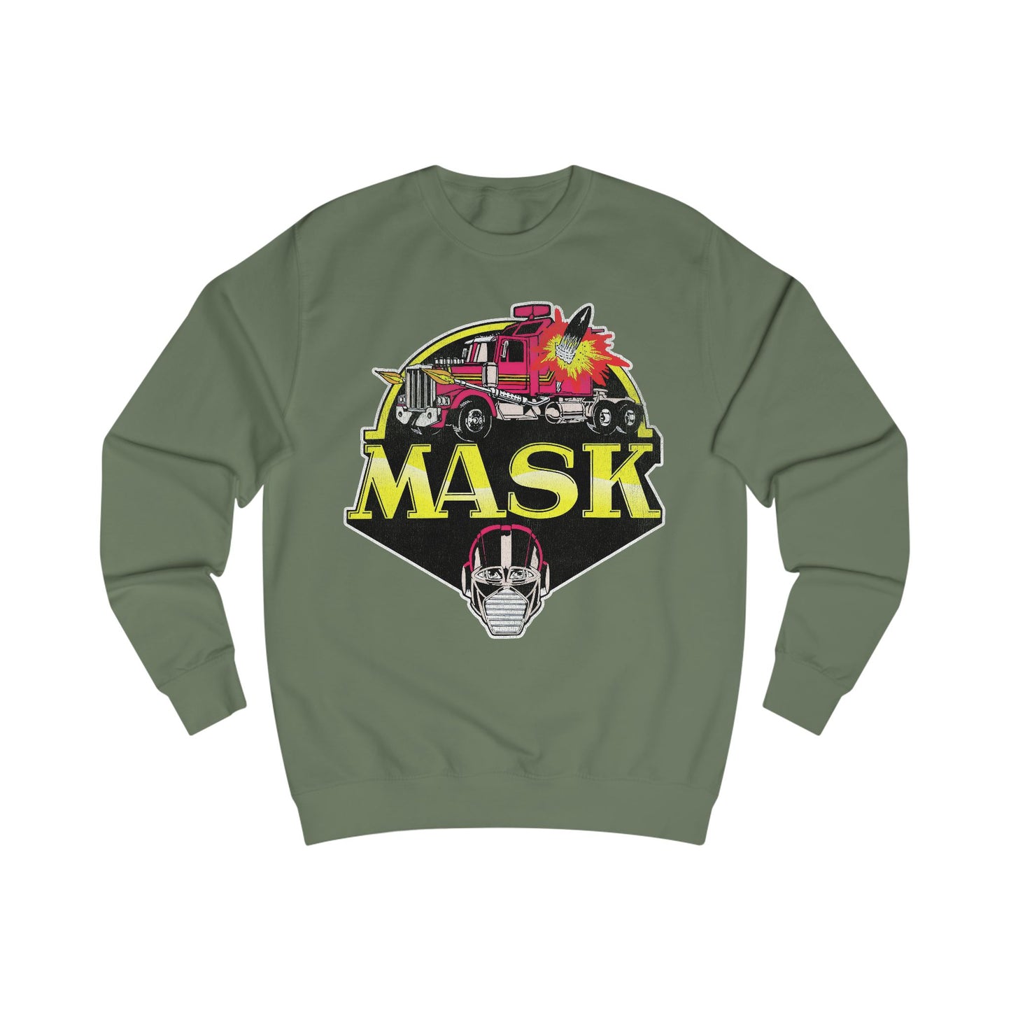 Green sweatshirt with 'MASK' graphic design on a white background