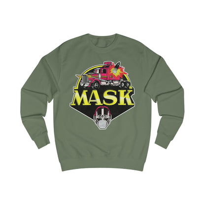 Green sweatshirt with 'MASK' graphic design on a white background