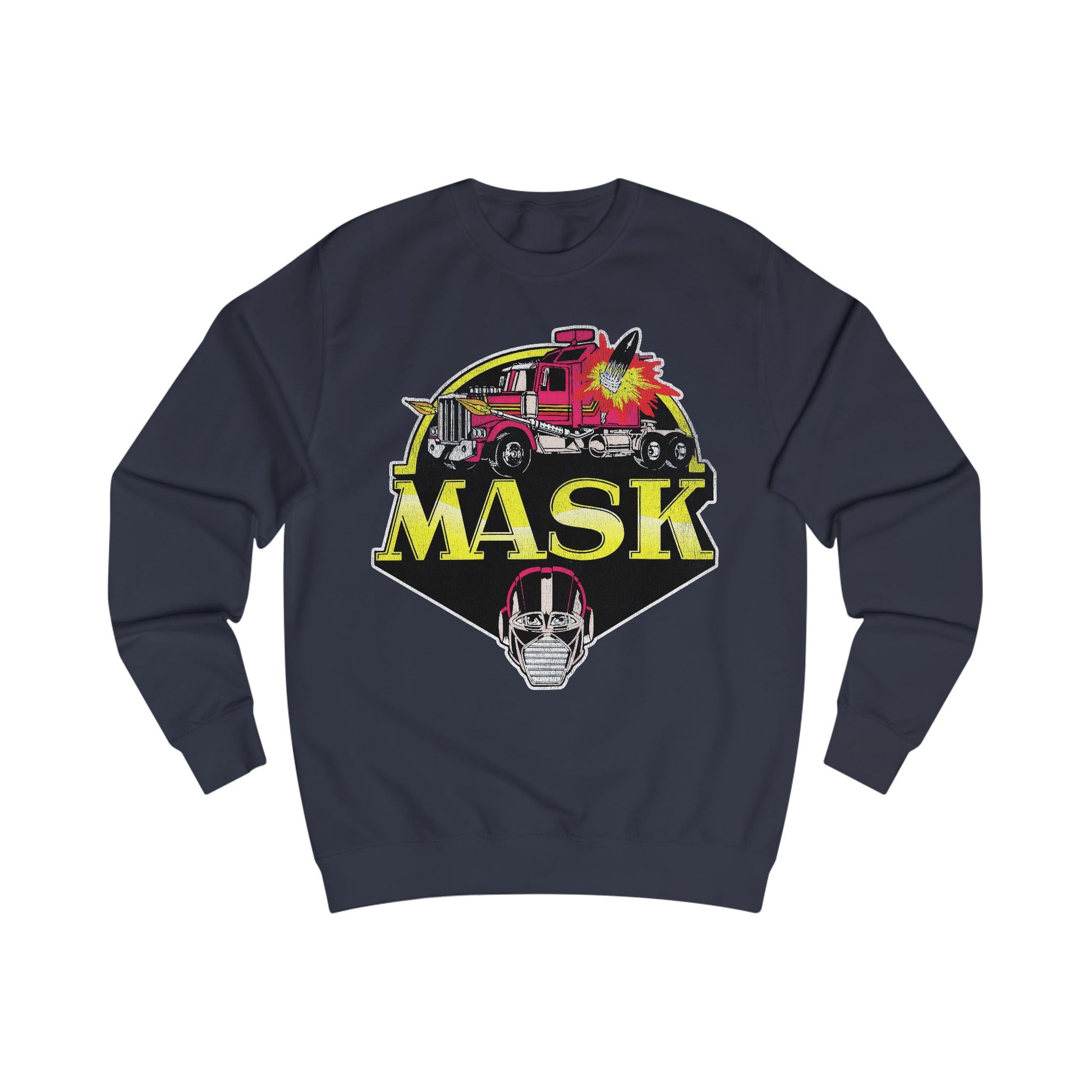 Navy blue sweatshirt with 'MASK' graphic design featuring a fire truck and mask on a white background