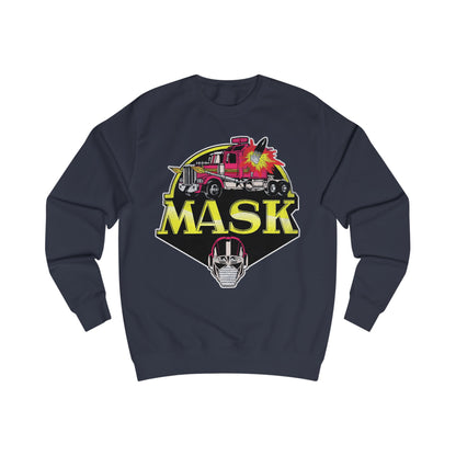 Navy blue sweatshirt with 'MASK' graphic design featuring a fire truck and mask on a white background