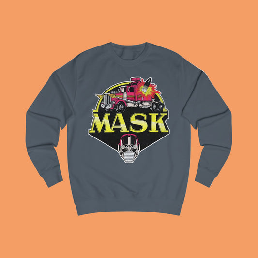 Gray sweatshirt with 'MASK' graphic design featuring a fire truck and mask on a white background