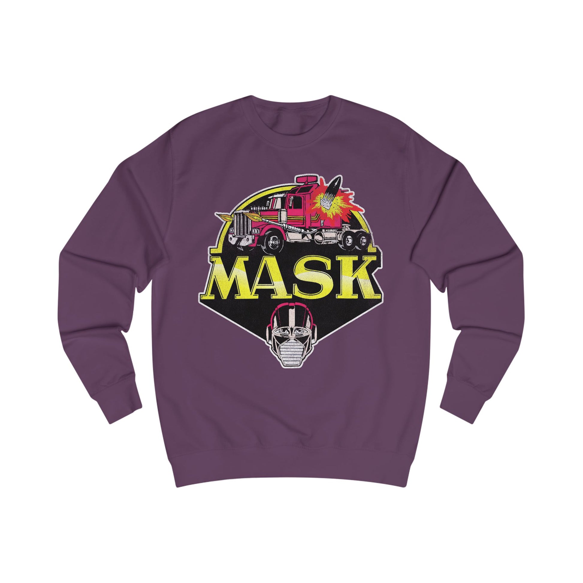 Purple sweatshirt with 'MASK' graphic design featuring a fire truck and mask on a white background