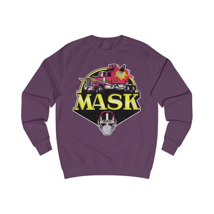Purple sweatshirt with 'MASK' graphic design featuring a fire truck and mask on a white background