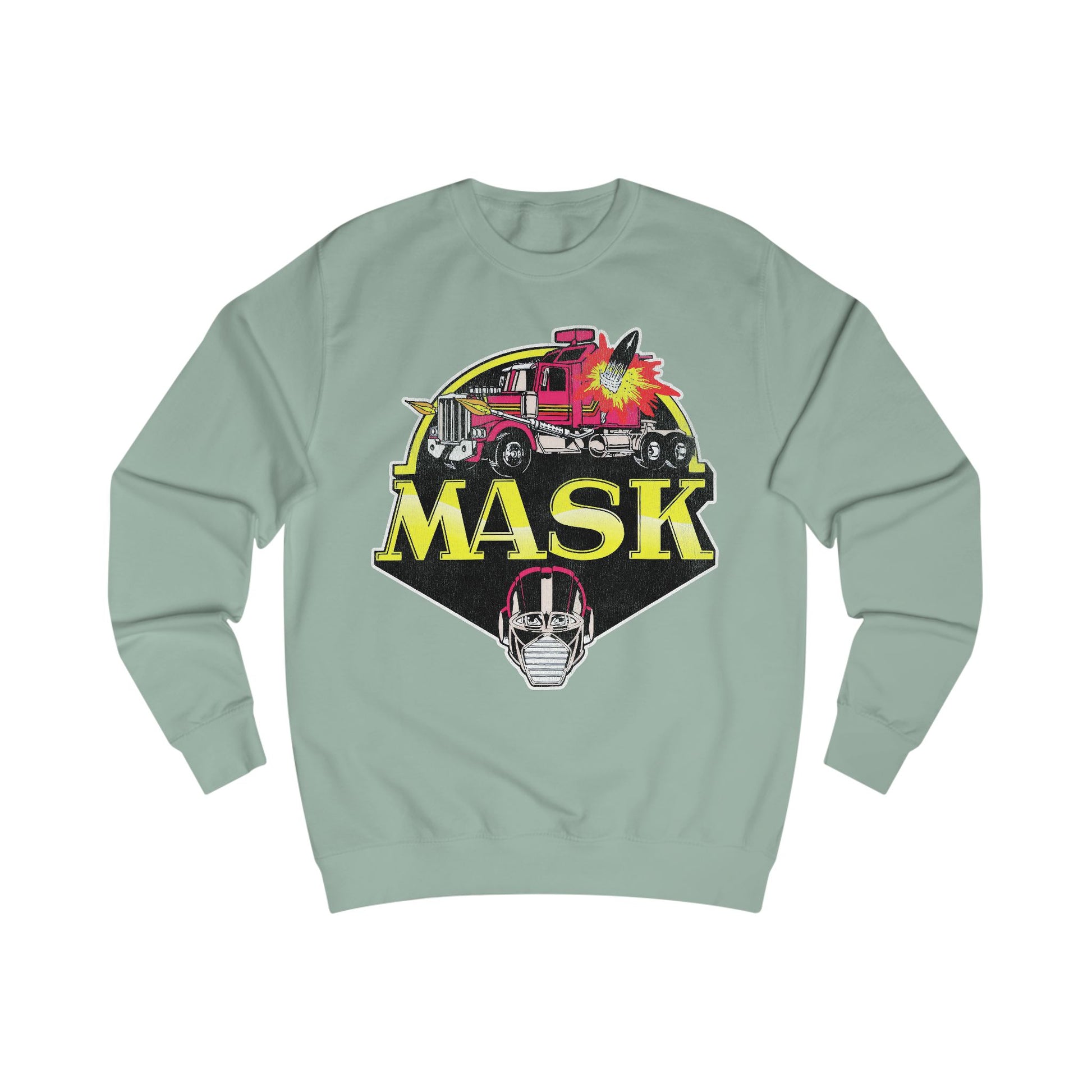 Light green sweatshirt with 'MASK' graphic design on a white background
