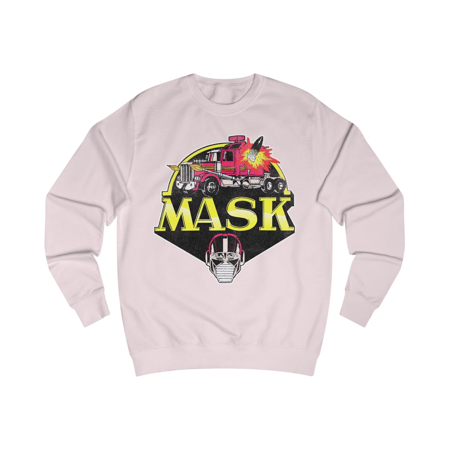 Light pink sweatshirt with 'MASK' graphic design featuring a vintage vehicle and mask on a white background