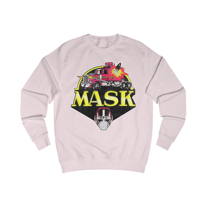 Light pink sweatshirt with 'MASK' graphic design featuring a vintage vehicle and mask on a white background