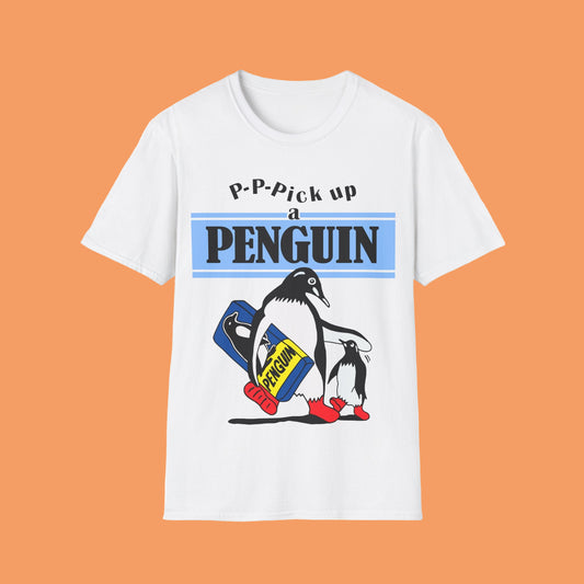 White t-shirt with penguin graphic and text on a white background