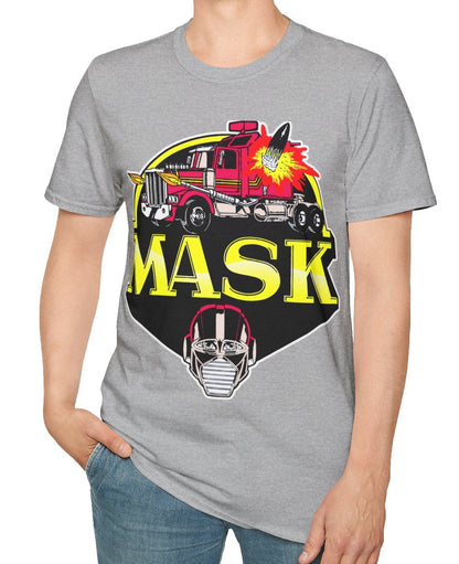 Person wearing a gray t-shirt with a colorful graphic design on a white background