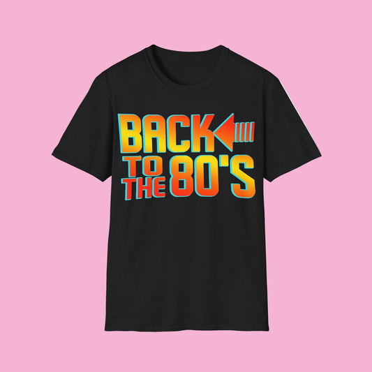 Black t-shirt with 'Back to the 80's' text in colorful letters on a white background