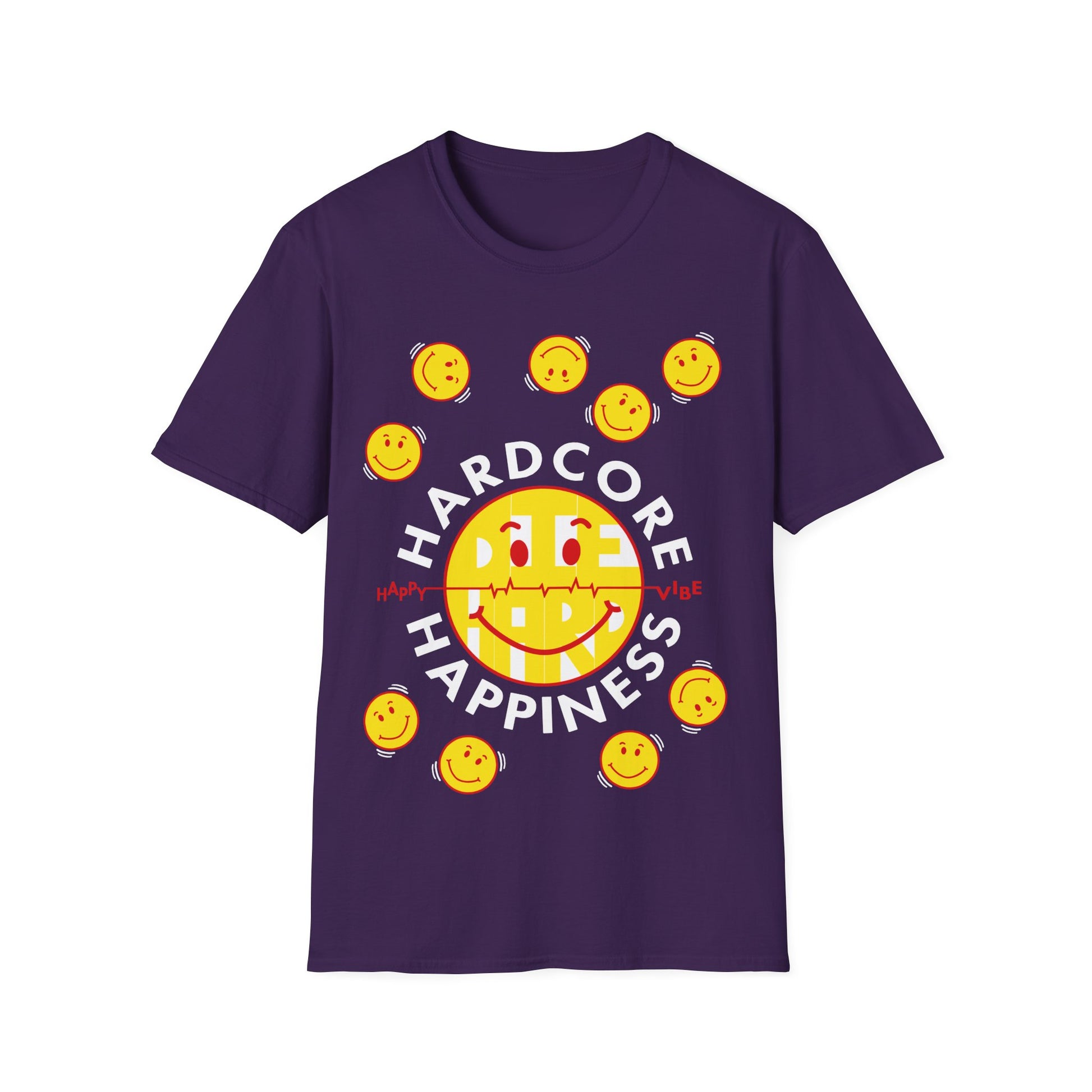 Purple t-shirt with smiley faces and 'Hardcore Happiness' text on a white background