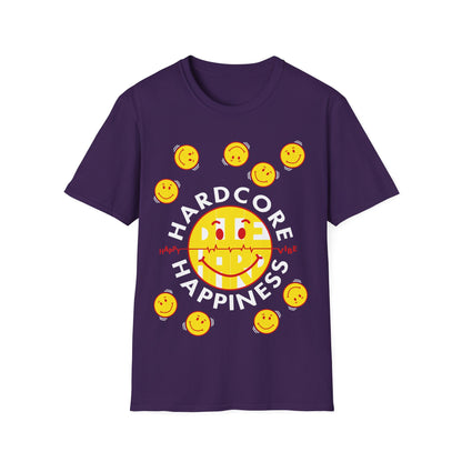 Purple t-shirt with smiley faces and 'Hardcore Happiness' text on a white background