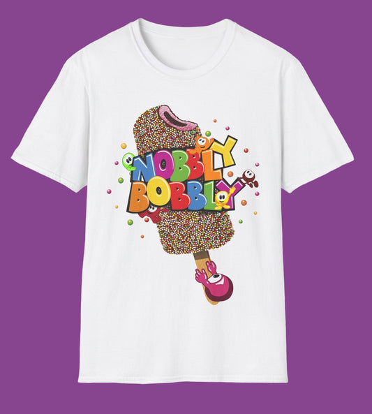 White t-shirt with colourful retro Nobbly Bobbly Ice lolly graphic design