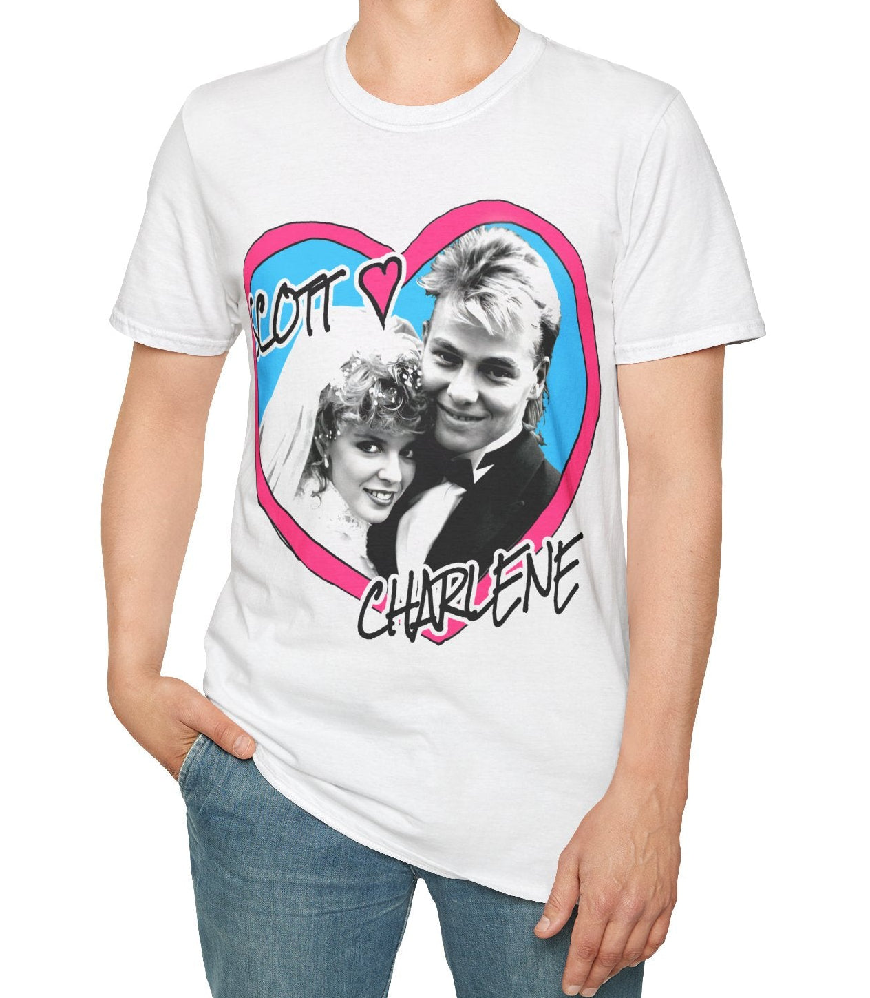 Person wearing Retro TV Classic Neighbours Wedding heart design on White t-shirt with text 'Scott' and 'Charlene'  
