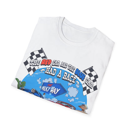 Retro 80s TV Advert Unisex T-Shirt, The Red Car And The Blue Car Had A Race graphic design.