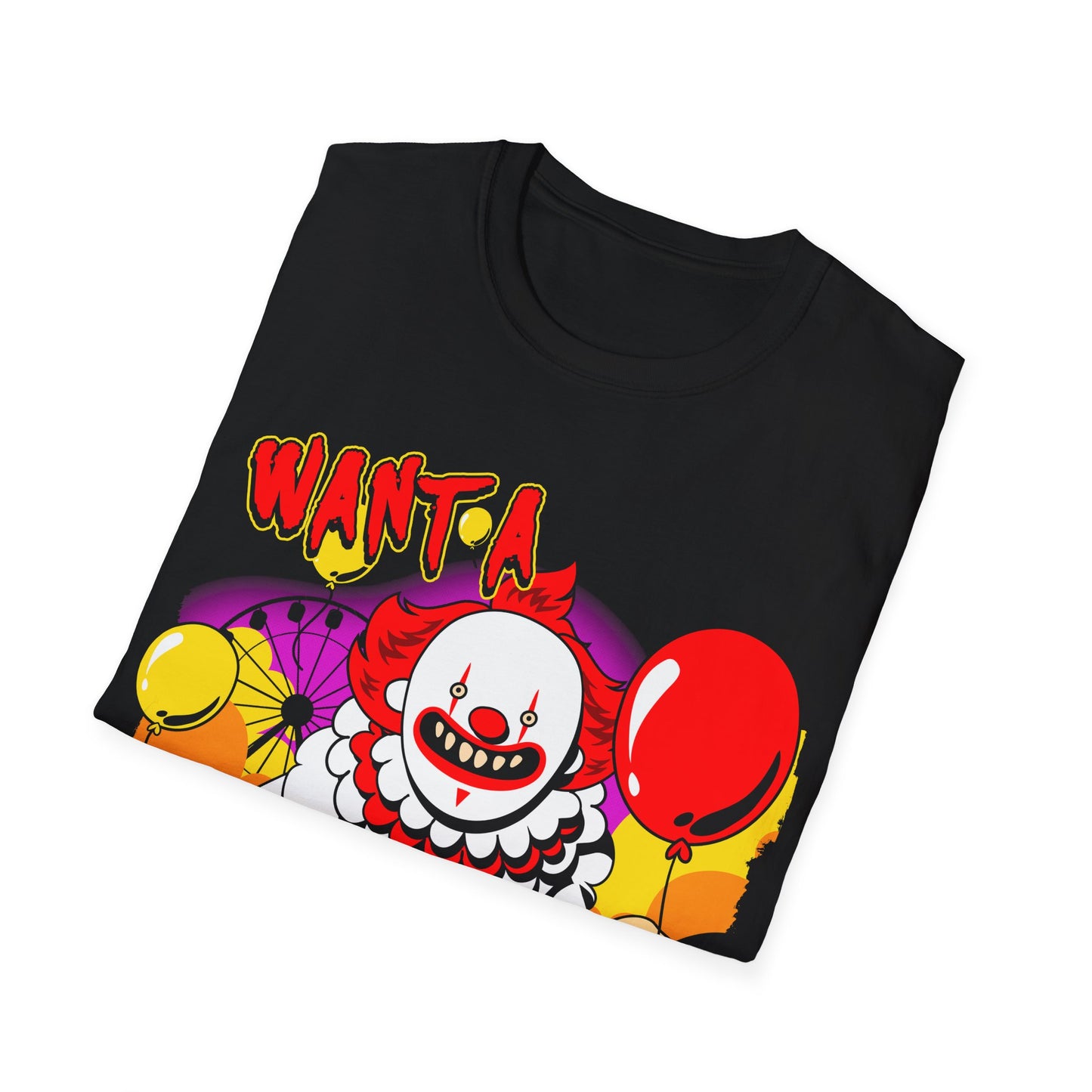 Black t-shirt with a clown graphic and 'Want A Balloon' text on a white background