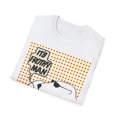 White t-shirt with a polar bear graphic and 'It's Frothy Man' text on a white background