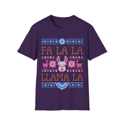 Festive Purple t-shirt with 'Fa La La Llama La' text and llama graphic on a white background