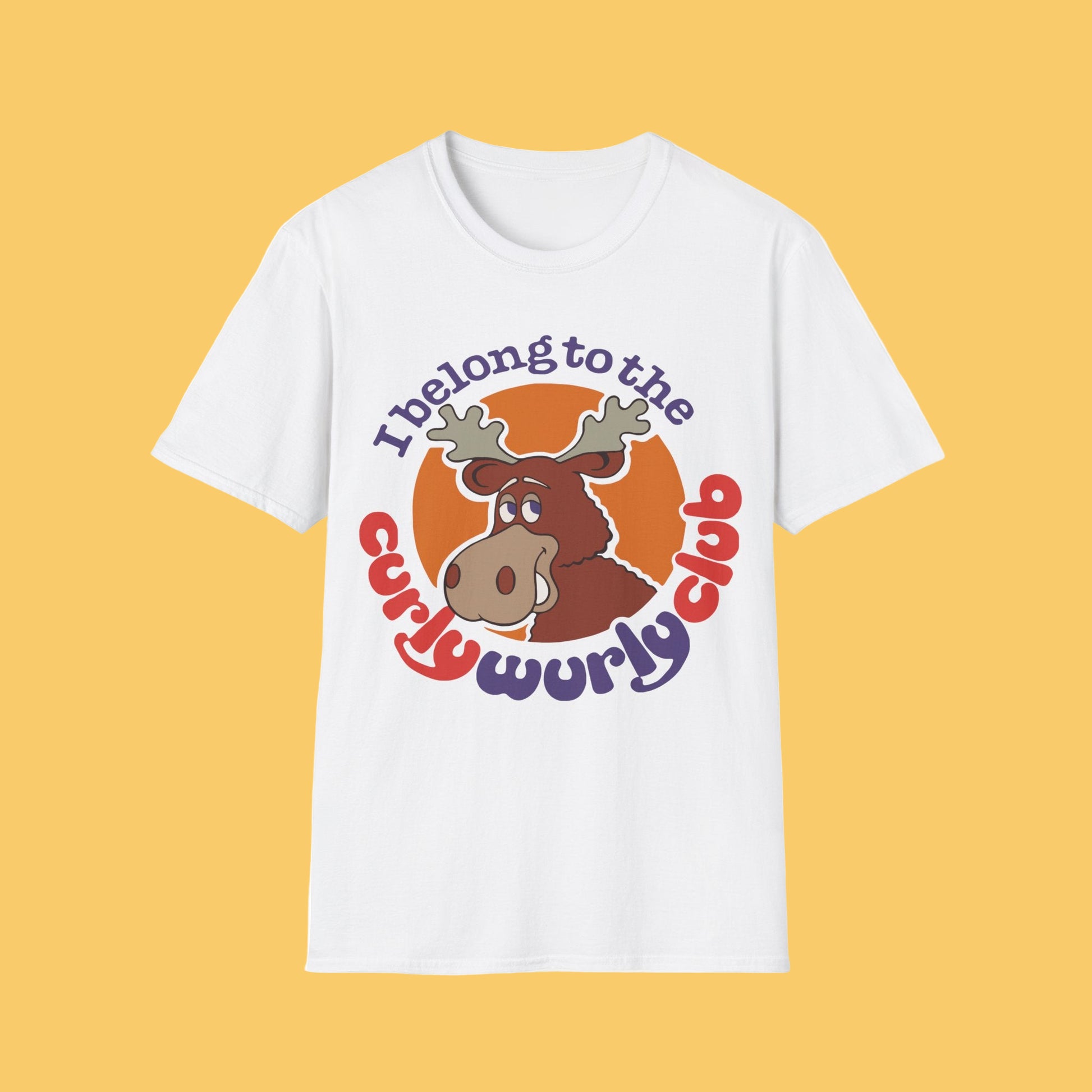 White t-shirt with a graphic design of a moose and Curly Wurly Club text on a white background