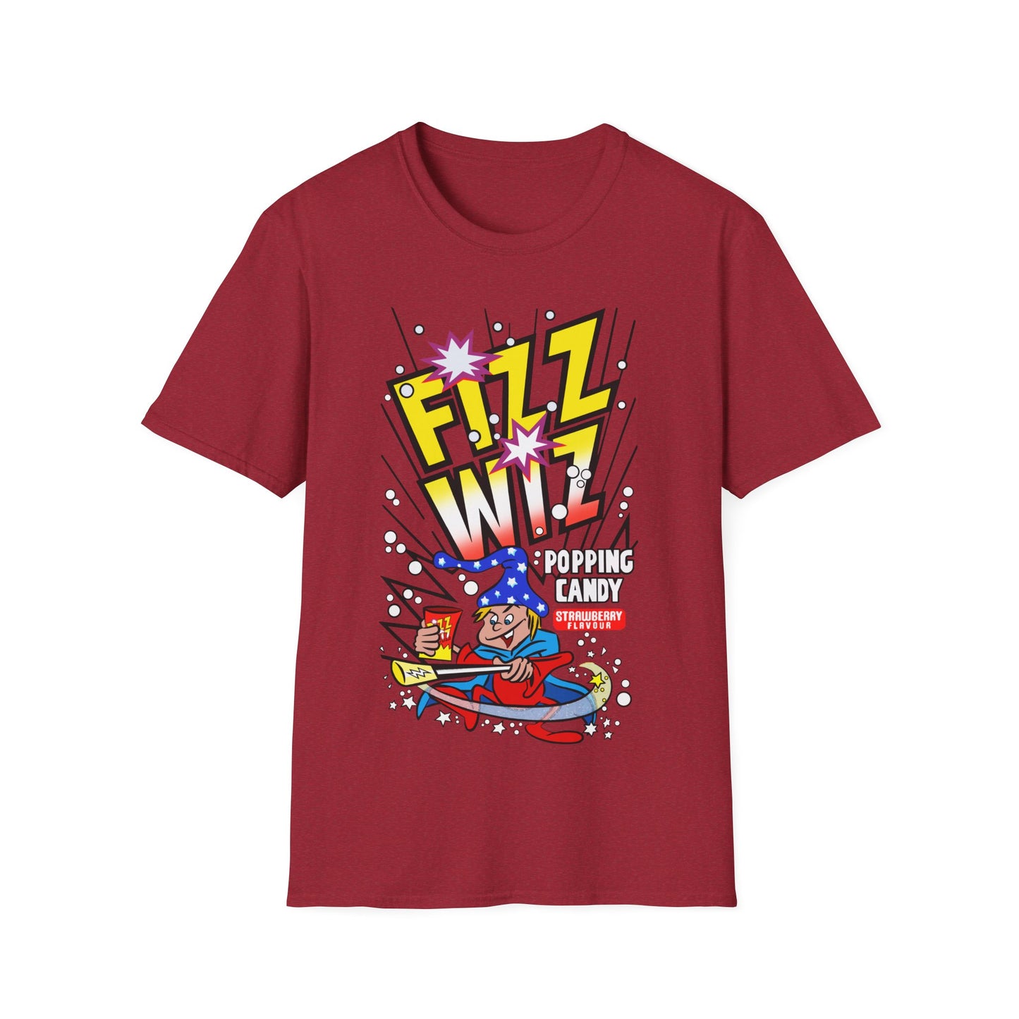 Red t-shirt with 'Fizz Wiz' candy graphic on a white background