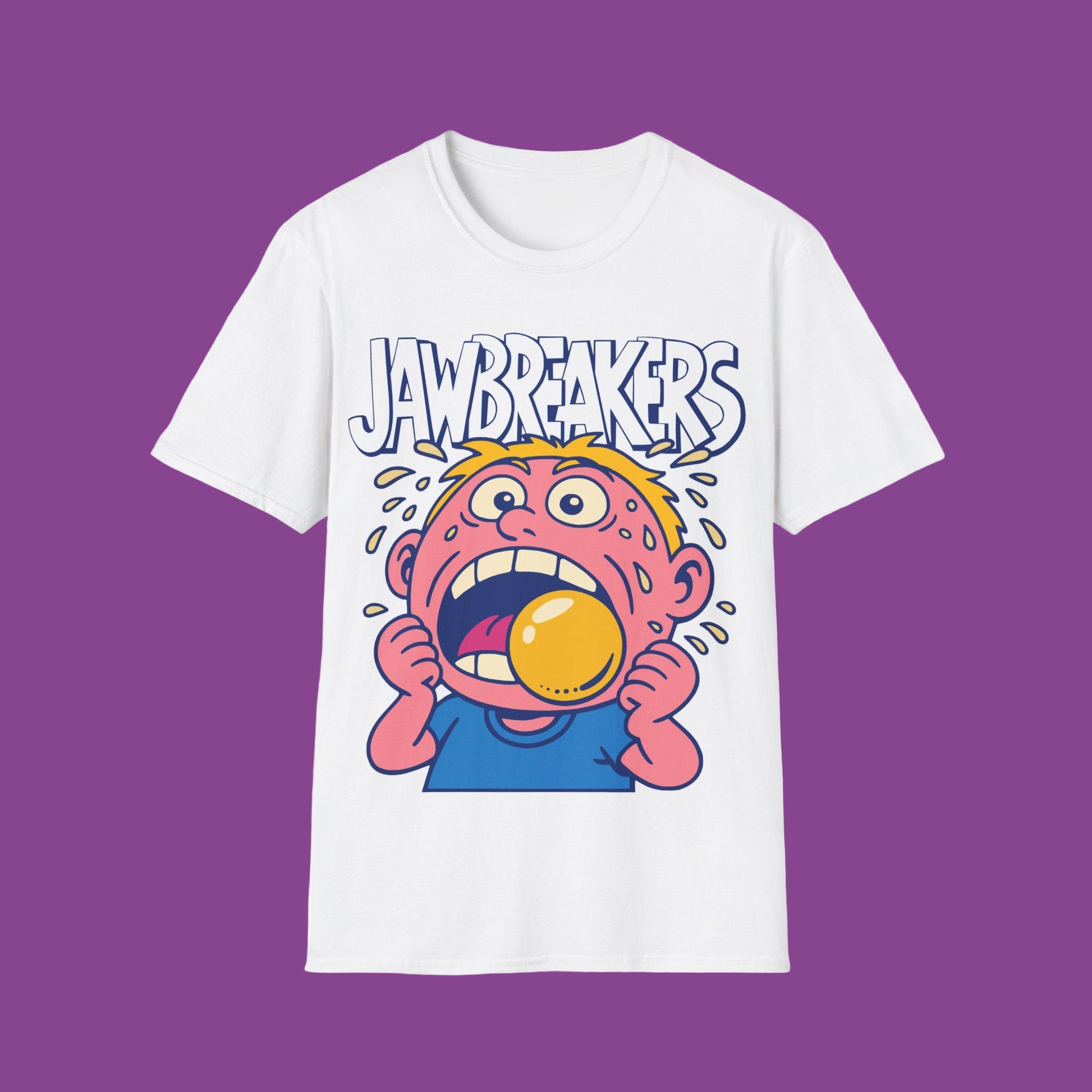 White t-shirt with cartoon character and 'Jawbreakers' text on a white background