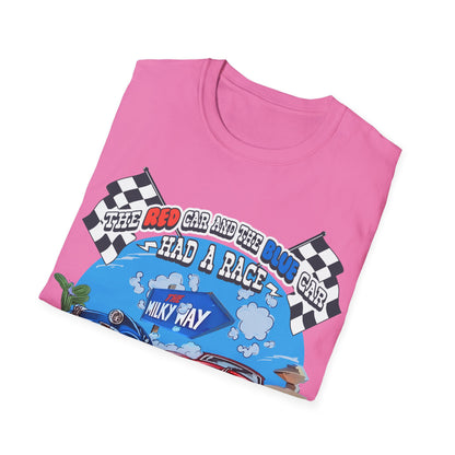 Retro 80s TV Advert Unisex T-Shirt, The Red Car And The Blue Car Had A Race