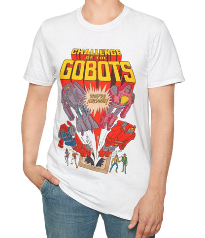 Person wearing a white t-shirt with a 'Challenge of the GoBots' graphic design.