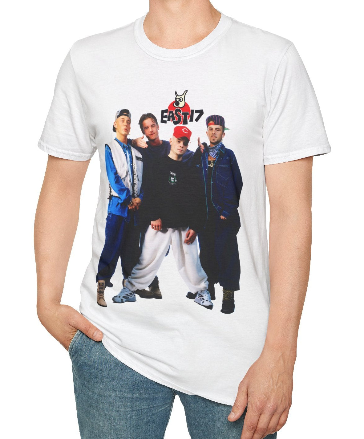 Person wearing a white t-shirt with a graphic design of five people and a logo on a white background
