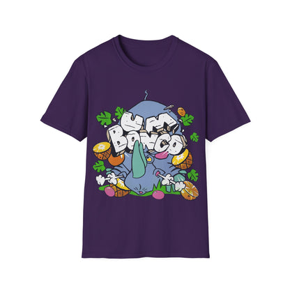 Purple  short sleeve official Um Bongo Rhino T-shirt 80s tropical juice drink with cartoon rhino and Um bongo logo