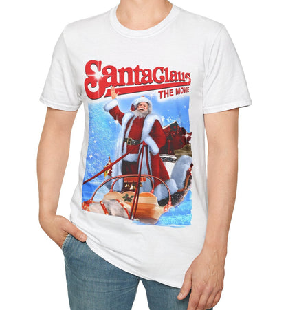 Person wearing a white t-shirt with 'Santa Claus: The Movie' graphic design on a white background