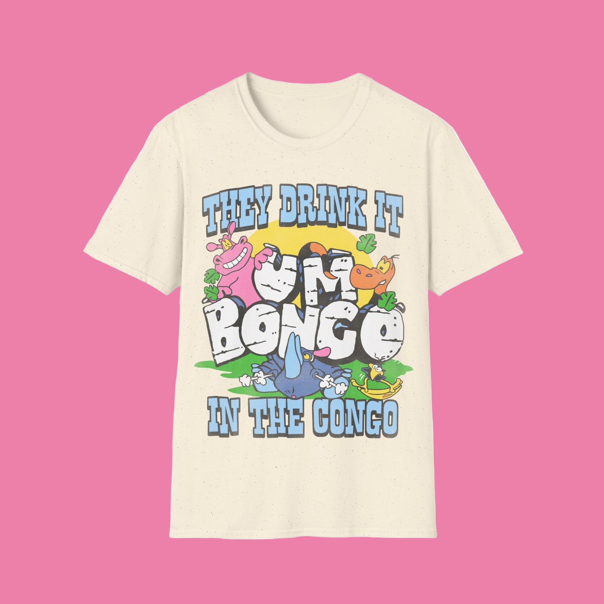 Natural short sleeve official Um Bongo T-shirt colourful 80s tropical juice drink cartoon animals with They drink it in the congo text and Um bongo logo