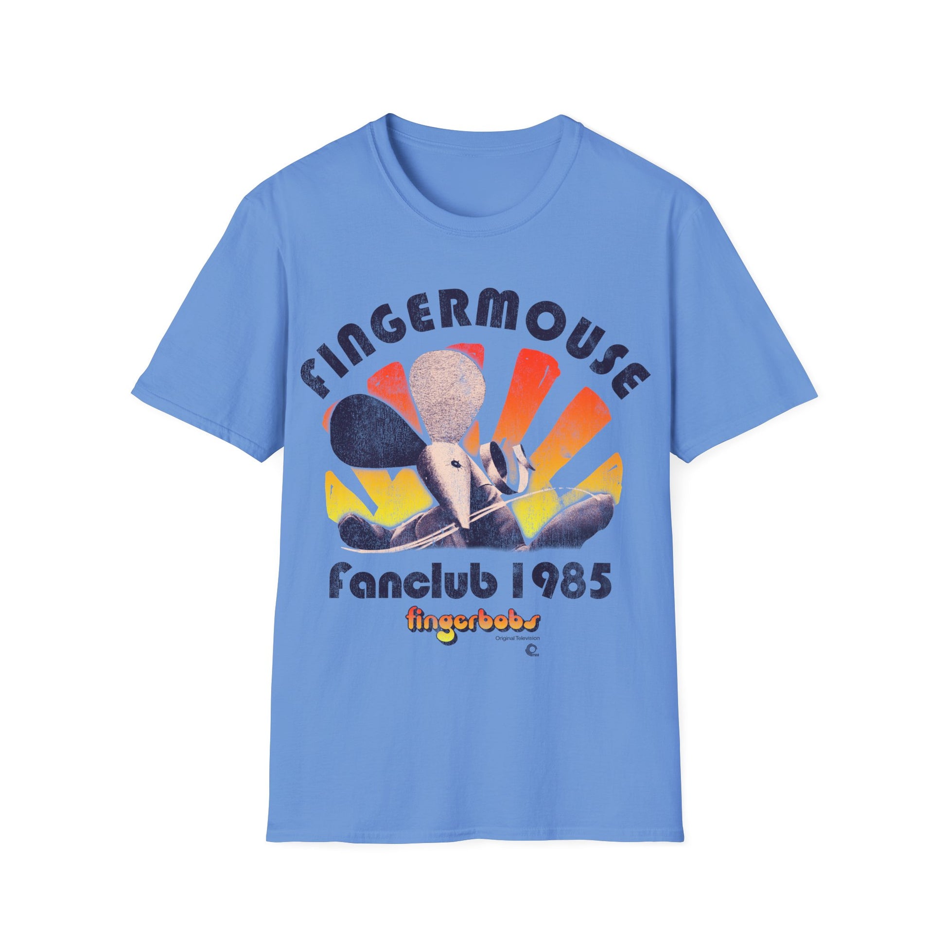 Blue t-shirt with 'Fingermouse Fanclub 1985' graphic design on a white background