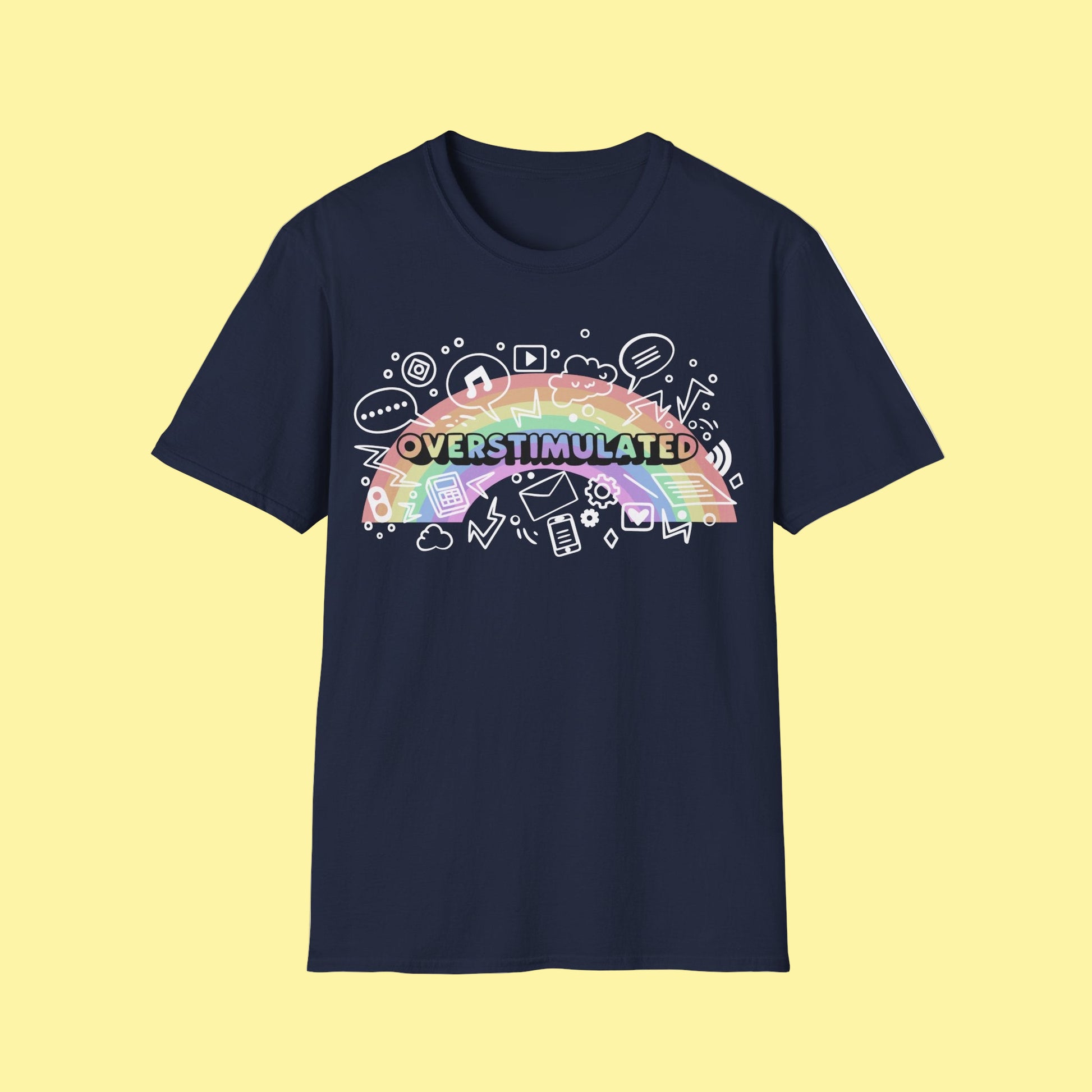 Navy blue t-shirt with colorful rainbow and 'OVERSTIMULATED' graphic on a white background