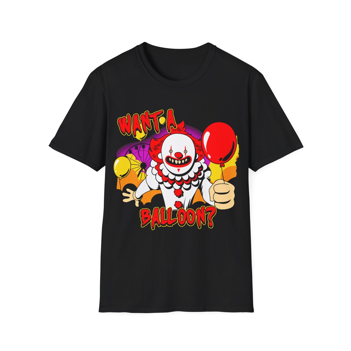 Black t-shirt with a clown graphic and text 'Want a balloon?' on a white background