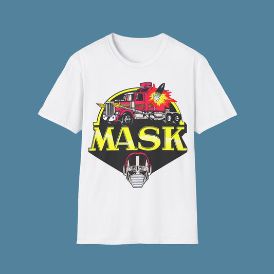 White t-shirt with 'MASK' graphic design featuring a fire truck and mask on a white background