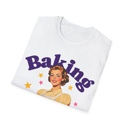White t-shirt with 'Baking' text and vintage-style illustration on a white background