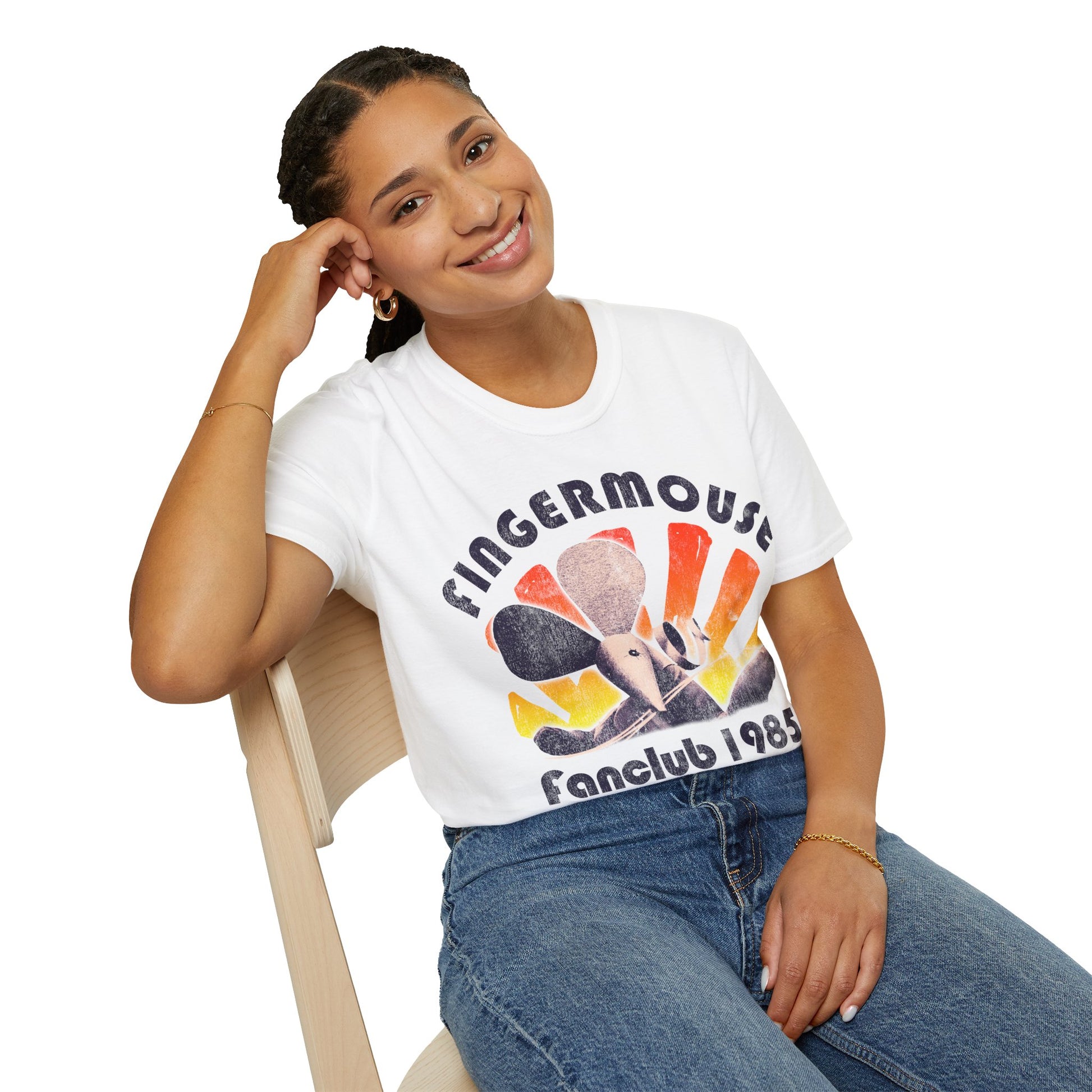 Person wearing a white t-shirt with 'Fingermouse Fanclub 1985' graphic design on a white background