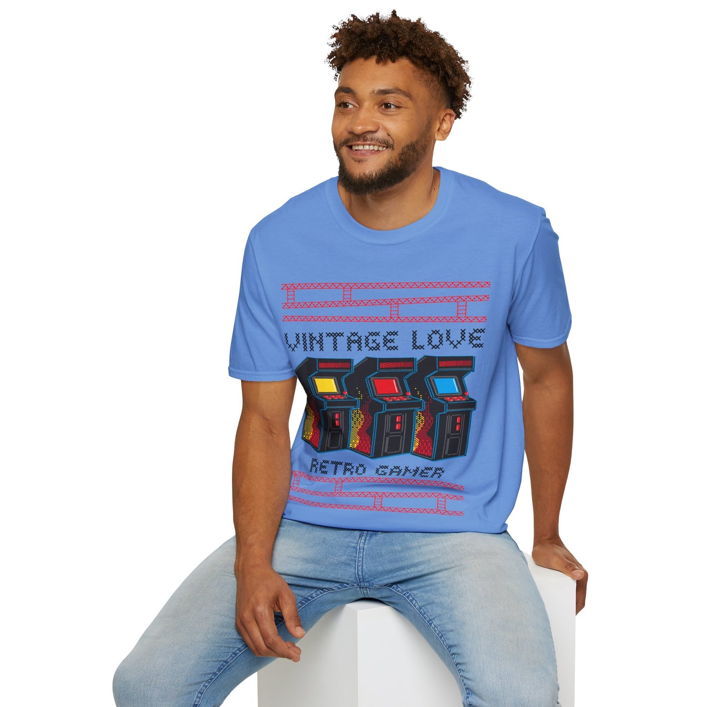 Man wearing a blue t-shirt with 'Vintage Love Retro Gamer' design on a white background
