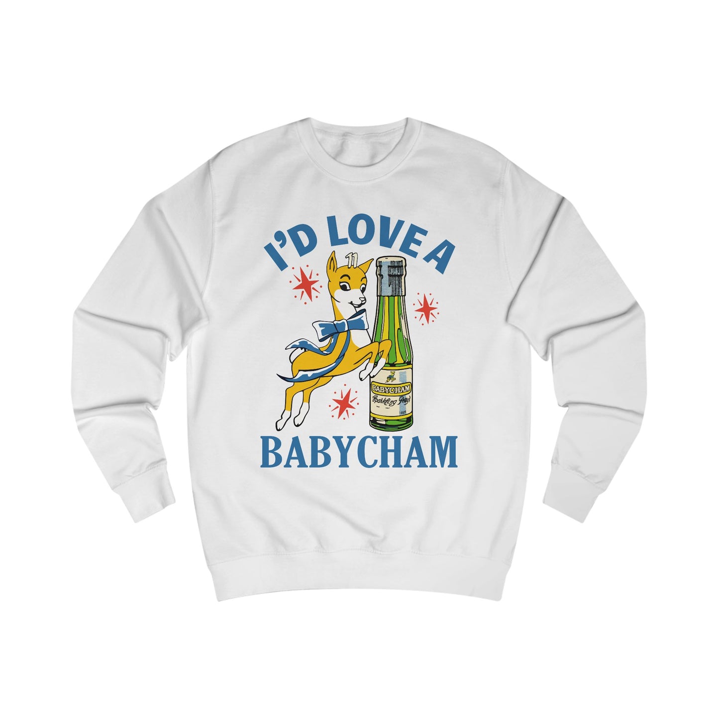 White sweatshirt with a graphic of a deer holding a bottle and text 'I'd Love a Babycham' on a white background