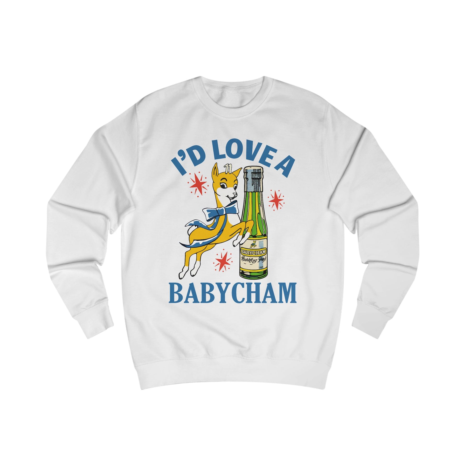 White sweatshirt with a graphic of a deer holding a bottle and text 'I'd Love a Babycham' on a white background