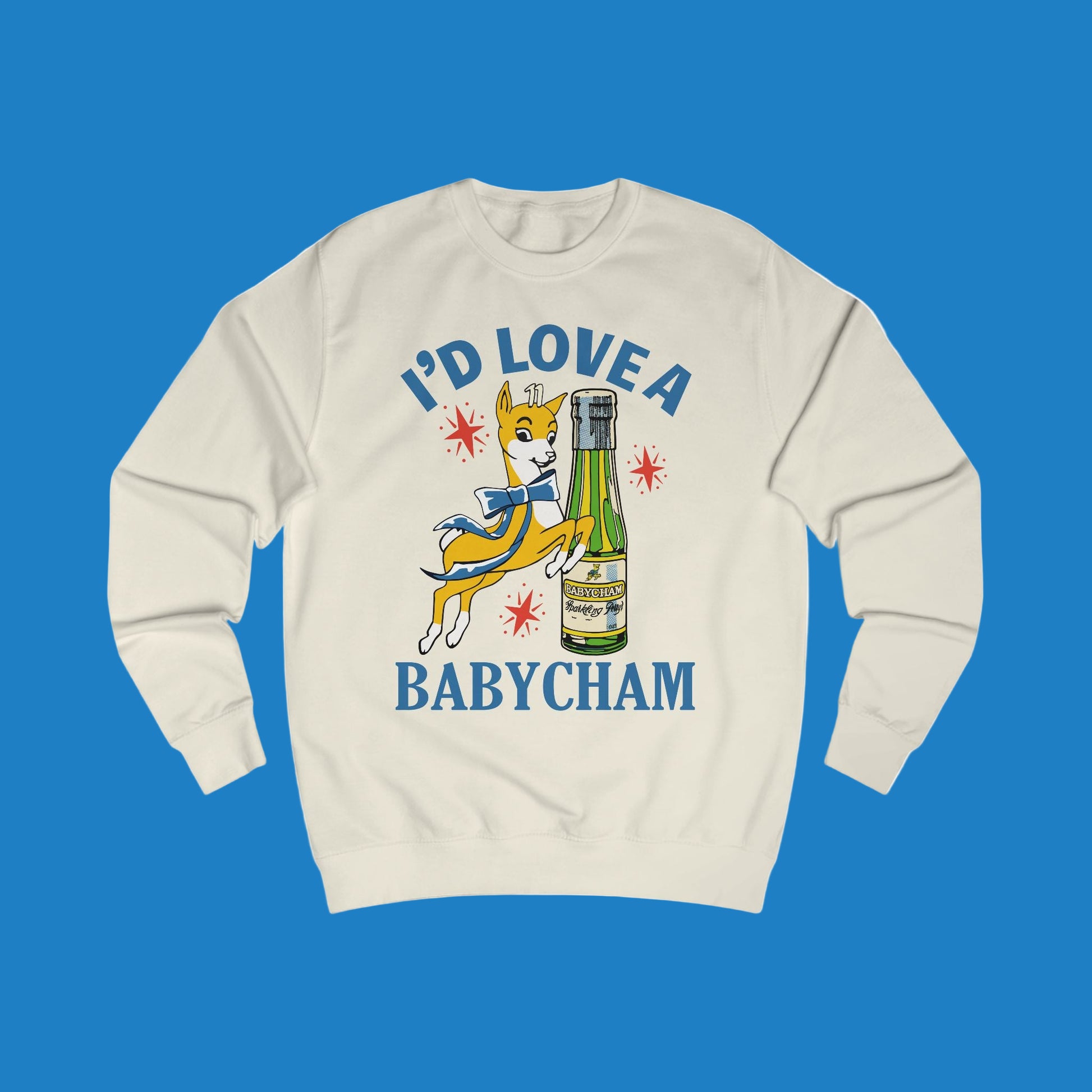 Beige sweatshirt with a graphic of a deer holding a bottle and text 'I'd Love a Babycham' on a white background