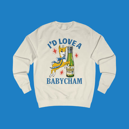 Beige sweatshirt with a graphic of a deer holding a bottle and text 'I'd Love a Babycham' on a white background