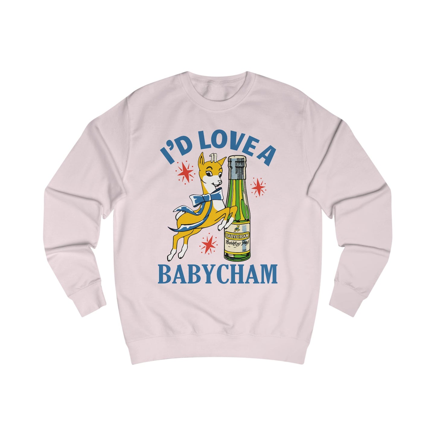 Light pink sweatshirt with a graphic of a deer holding a bottle and text 'I'd Love a Babycham' on a white background