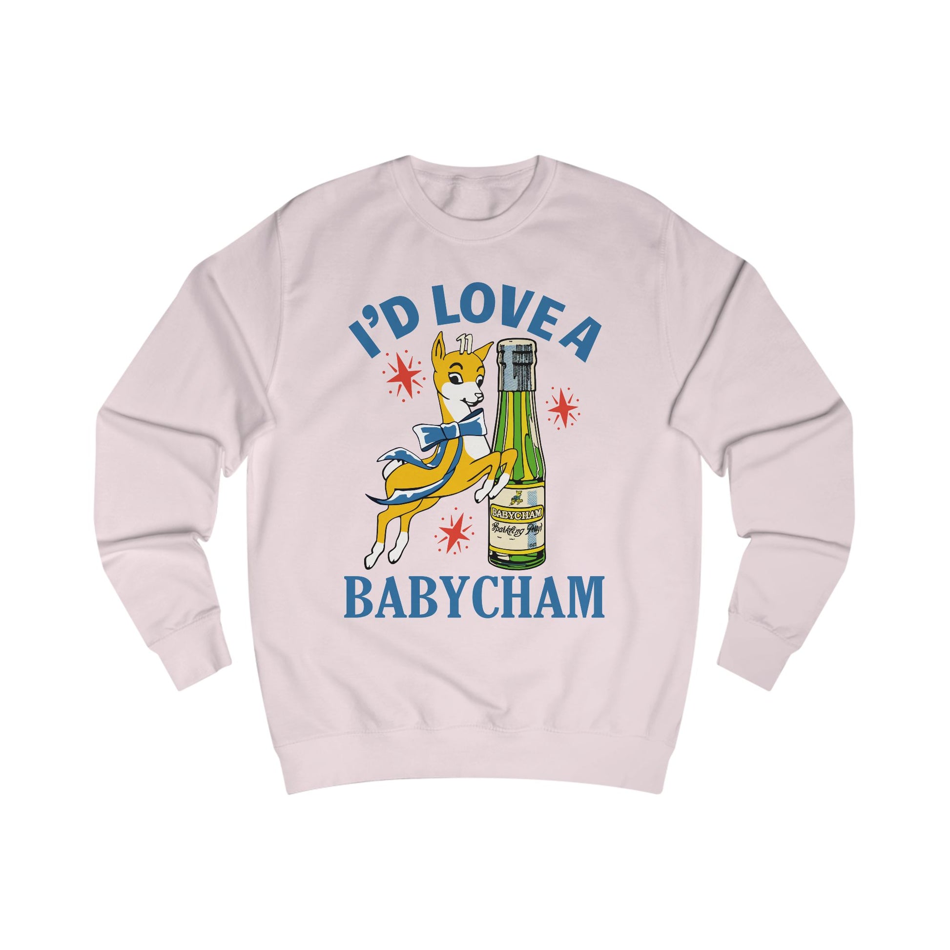 Light pink sweatshirt with a graphic of a deer holding a bottle and text 'I'd Love a Babycham' on a white background