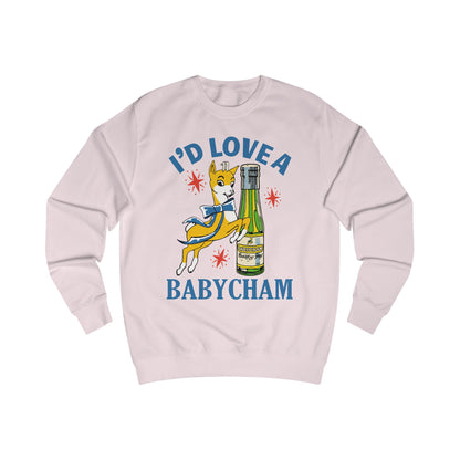 Light pink sweatshirt with a graphic of a deer holding a bottle and text 'I'd Love a Babycham' on a white background