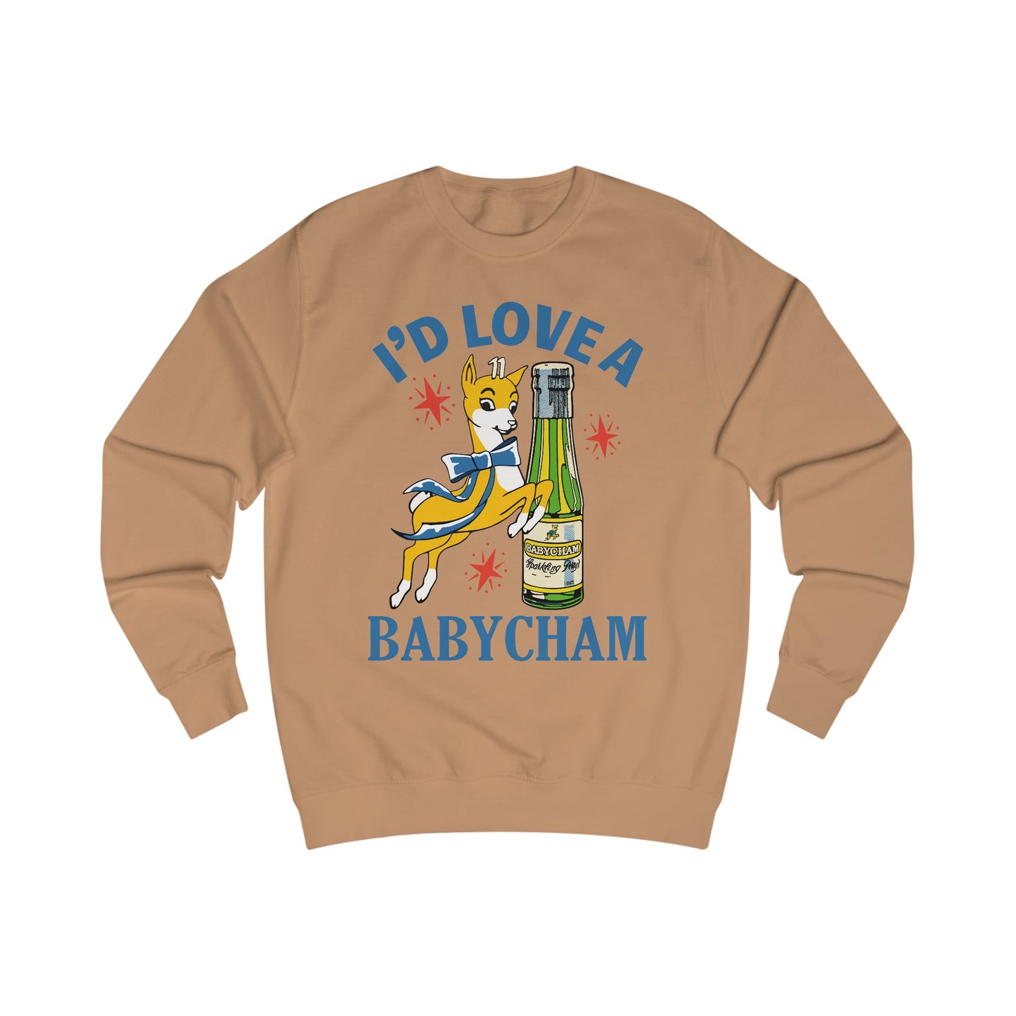 Brown sweatshirt with a graphic of a deer holding a bottle and text 'I'd Love a Babycham' on a white background